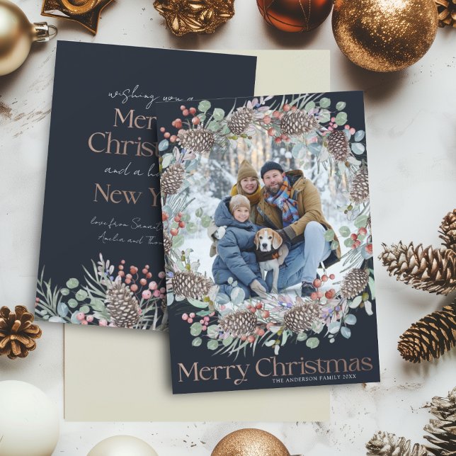 Modern Faux Gold & Blue Merry Christmas Holiday Card (Creator Uploaded)