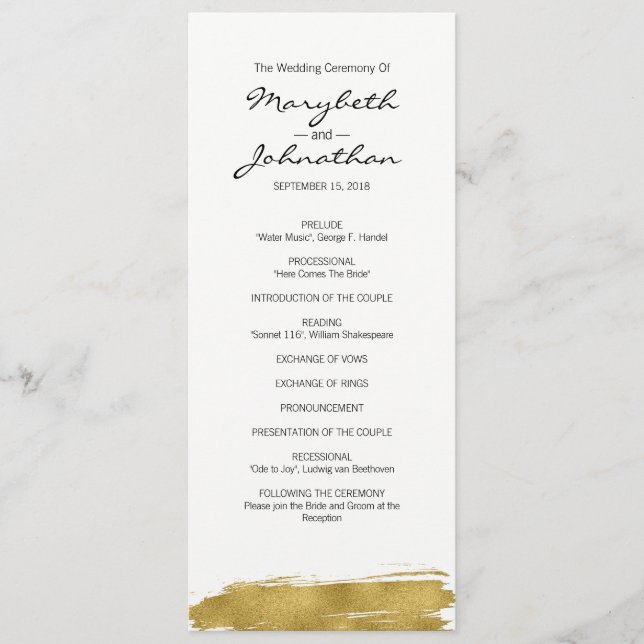 Modern Faux Gold Brushstroke Wedding Program Programme (Front)