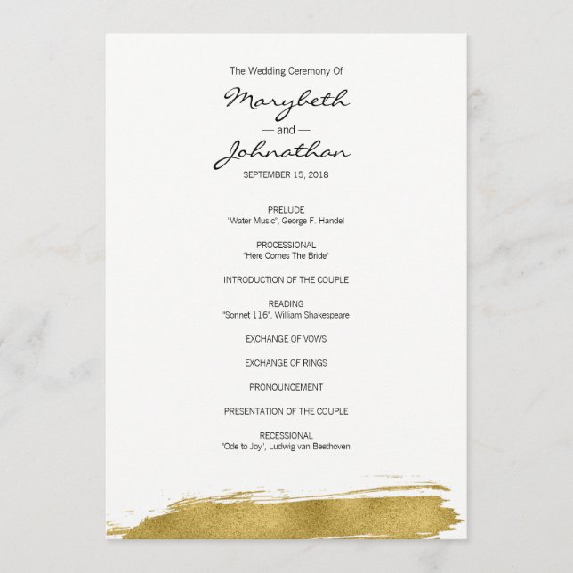 Modern Faux Gold Brushstroke Wedding Program Programme (Front)