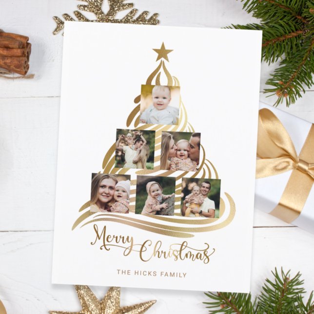 Modern Faux Gold Christmas Tree Family Multiphoto  Holiday Card (Creator Uploaded)