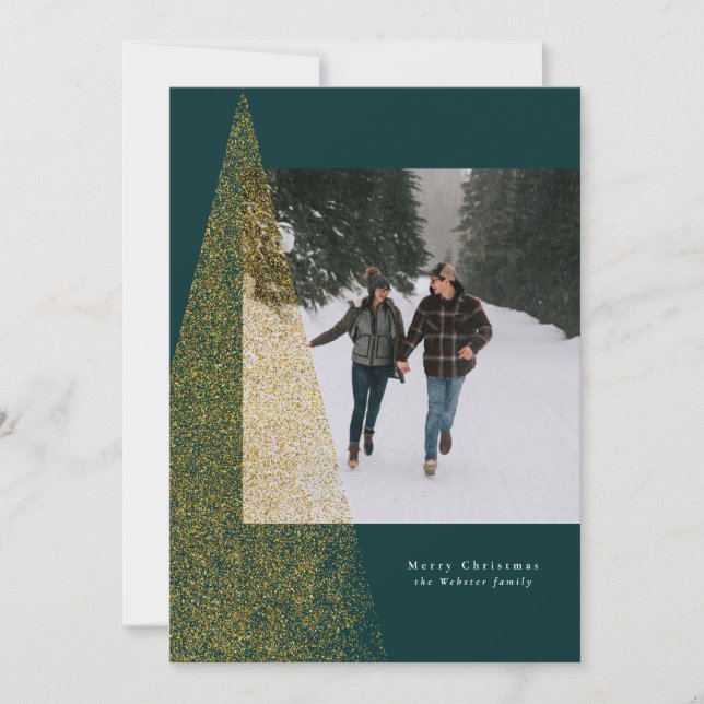 Modern faux gold Christmas tree green one photo Holiday Card (Front)