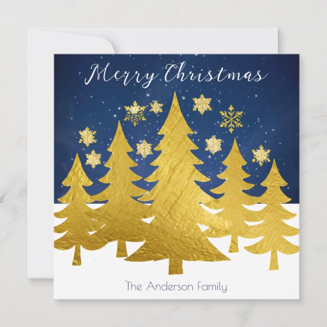 Modern Faux Gold Christmas Trees in Winter Snow Holiday Card (Front)