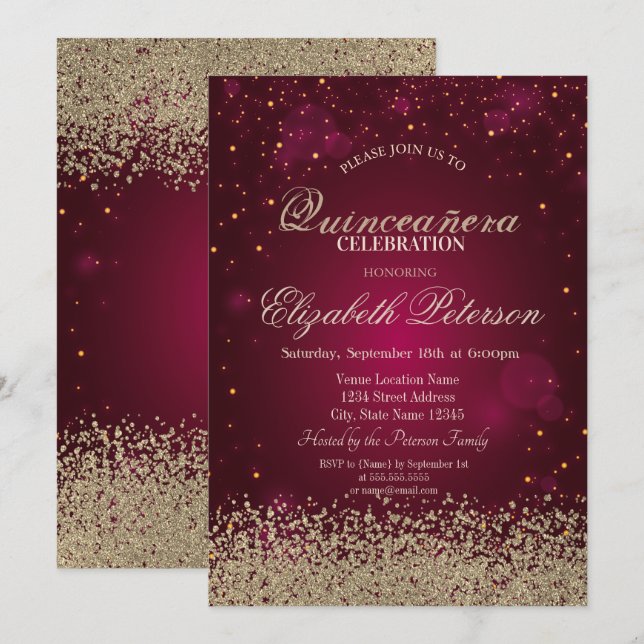 Modern Faux Gold Diamonds Confetti Red Quinceañera Invitation (Front/Back)