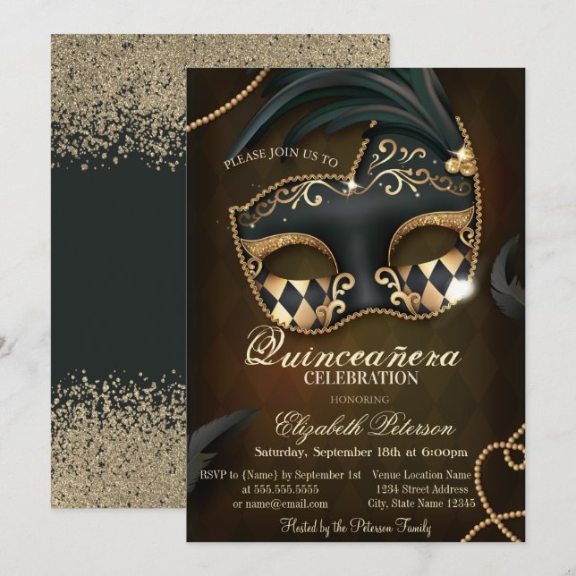 Modern Faux Gold Diamonds Masquerade Quinceañera  Invitation (Front/Back)
