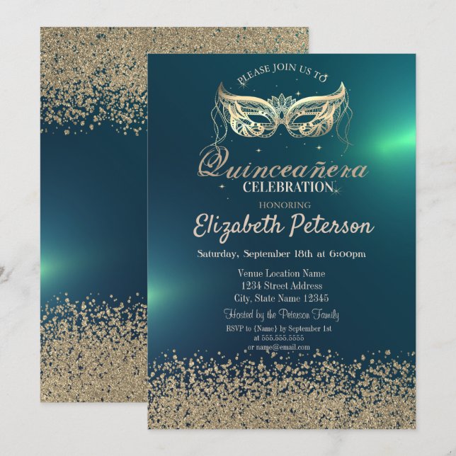 Modern Faux Gold Diamonds,Masquerade Quinceañera Invitation (Front/Back)