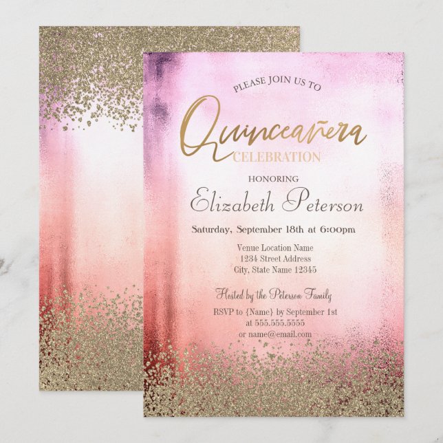 Modern Faux Gold Diamonds Ombre Quinceañera Invitation (Front/Back)