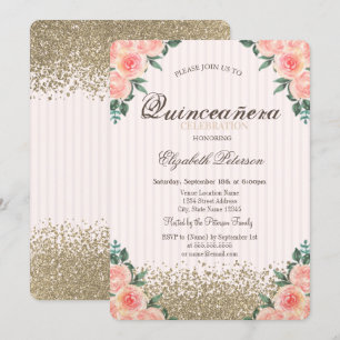 Modern Faux Gold Diamonds Roses Stiped Quinceañera Invitation