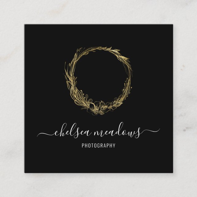 Modern Faux Gold Floral Wreath Square Business Card (Front)