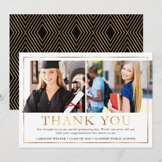 Modern Faux Gold Foil 2 Photo Graduation Thank You (Front/Back)