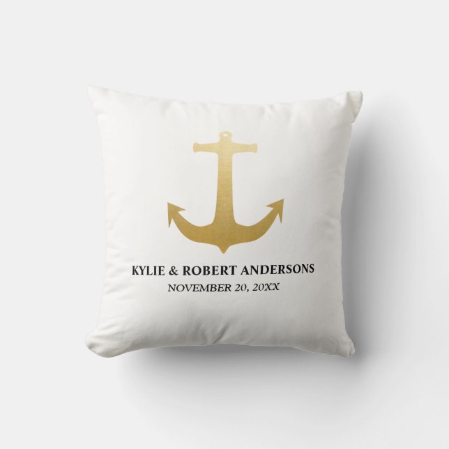 Modern Faux Gold Foil Anchor Nautical Wedding Cushion (Front)