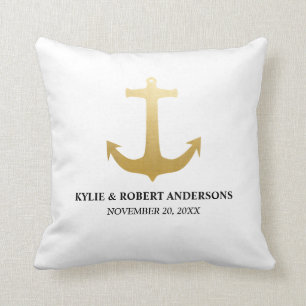 Modern Faux Gold Foil Anchor Nautical Wedding Cushion