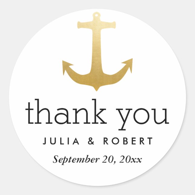 Modern Faux Gold Foil Anchor Wedding Thank You Classic Round Sticker (Front)