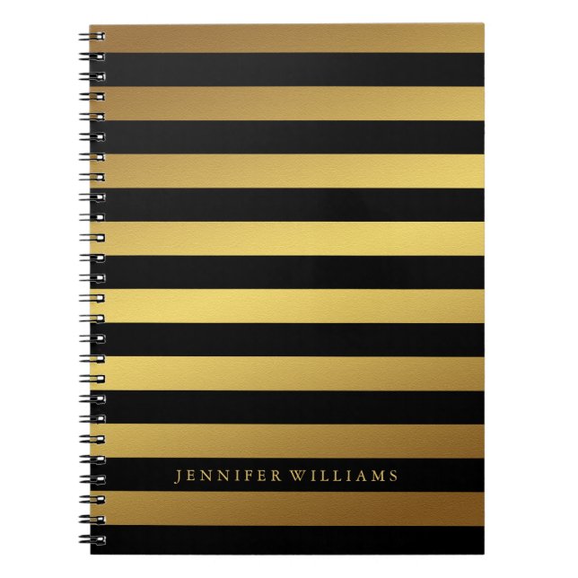 Modern Faux Gold Foil and Black Stripes Notebook (Front)