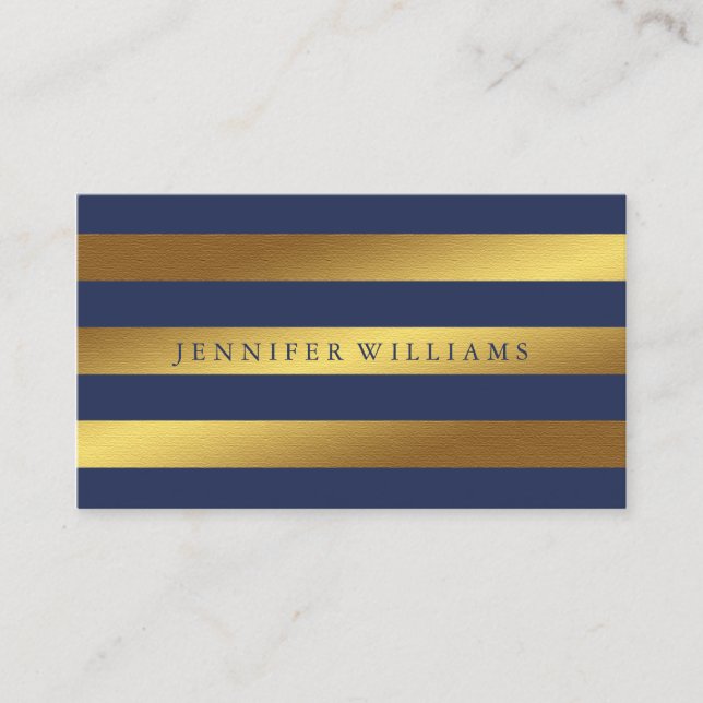 Modern Faux Gold Foil and Blue Stripes Pattern Business Card (Front)
