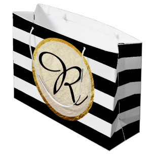 Modern Faux Gold Foil Black White Stripe Monogram Large Gift Bag