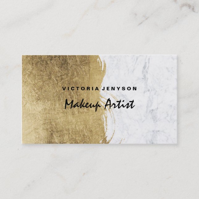 Modern faux gold foil brushstrokes marble Makeup Business Card (Front)