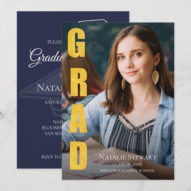 Modern Faux Gold Foil GRAD Photo Graduation Invitation (Front/Back)