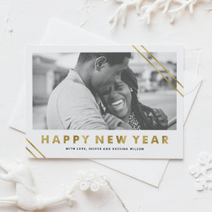 Modern Faux Gold Foil Happy New Year Photo Card
