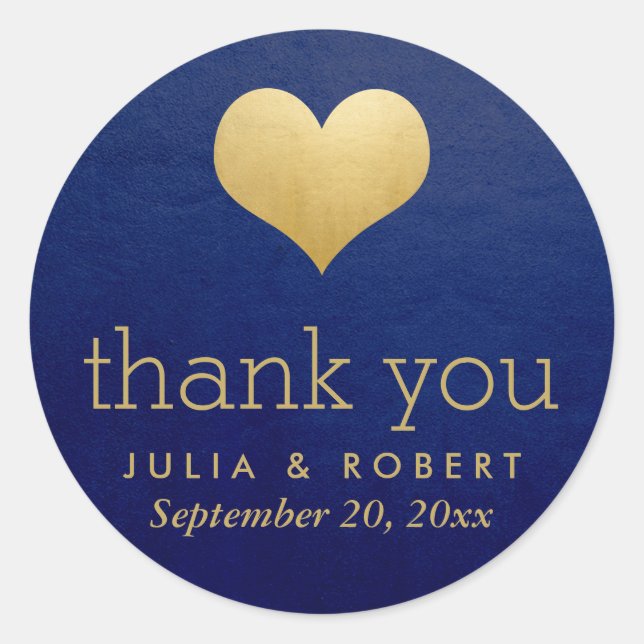 Modern Faux Gold Foil Heart Blue Wedding Thank You Classic Round Sticker (Front)