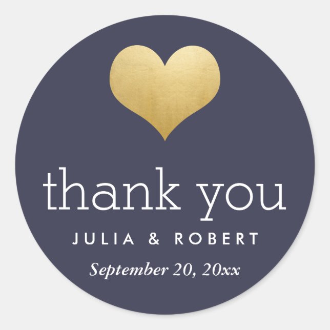 Modern Faux Gold Foil Heart Navy Blue Thank You Classic Round Sticker (Front)
