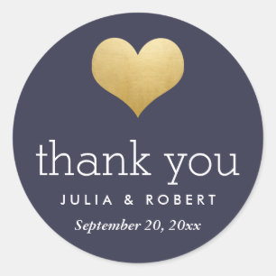 Modern Faux Gold Foil Heart Navy Blue Thank You Classic Round Sticker