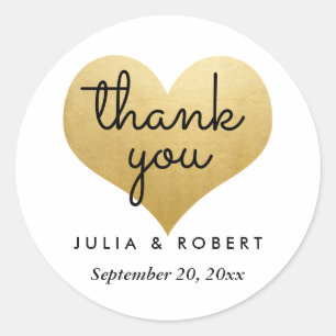 Modern Faux Gold Foil Heart Thank You Typography Classic Round Sticker