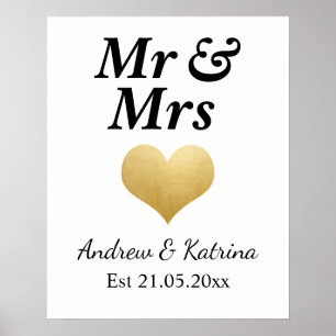 Modern Faux Gold Foil Heart Wedding Mr & Mrs Poster