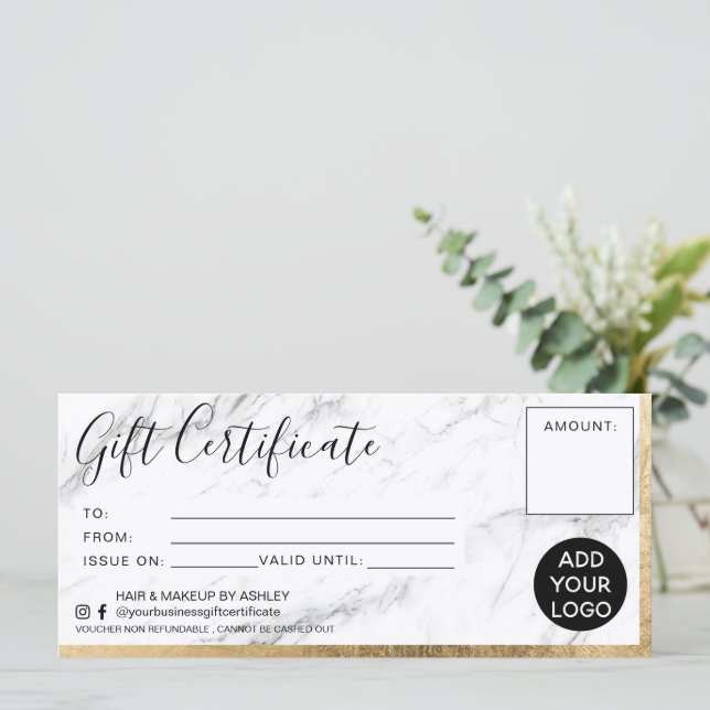 Modern faux gold foil marble gift certificate logo (Standing Front)