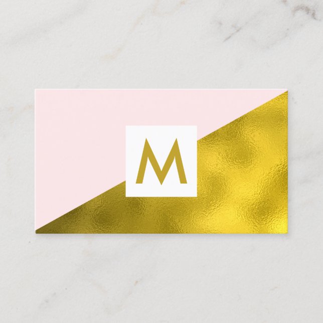 Modern Faux Gold Foil Pink Monogram Business Card (Front)