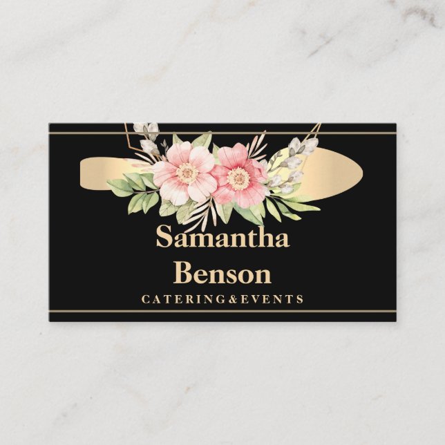 Modern Faux Gold Foil Spoon Catering Logo Black Business Card (Front)