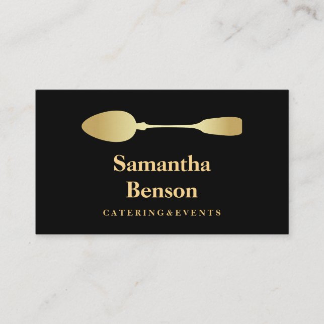 Modern Faux Gold Foil Spoon Catering Logo Black Business Card (Front)