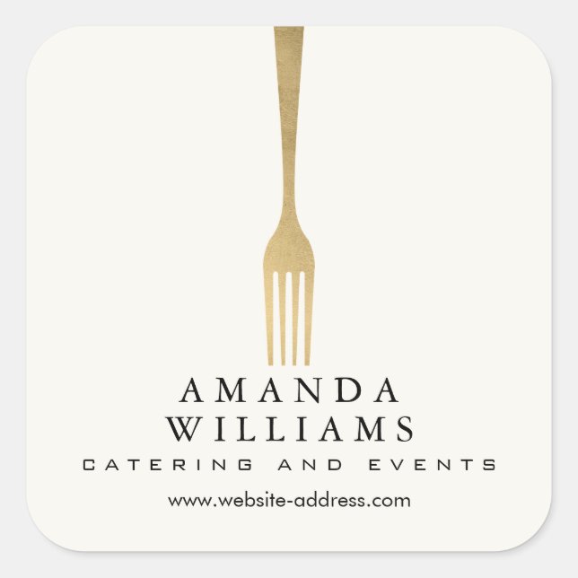Modern Faux Gold Fork Catering Logo Ivory Square Sticker (Front)