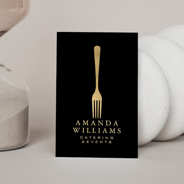 Modern Faux Gold Fork Catering Logo on Black II Business Card (Creator Uploaded)