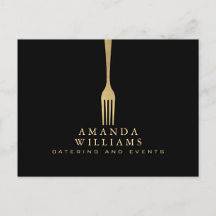 Modern Faux Gold Fork Catering Logo on Black Postcard