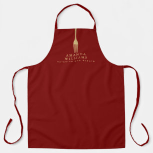 Modern Faux Gold Fork Catering Logo on Red Apron