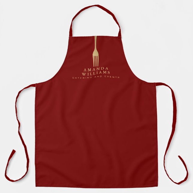 Modern Faux Gold Fork Catering Logo on Red Apron (Front)