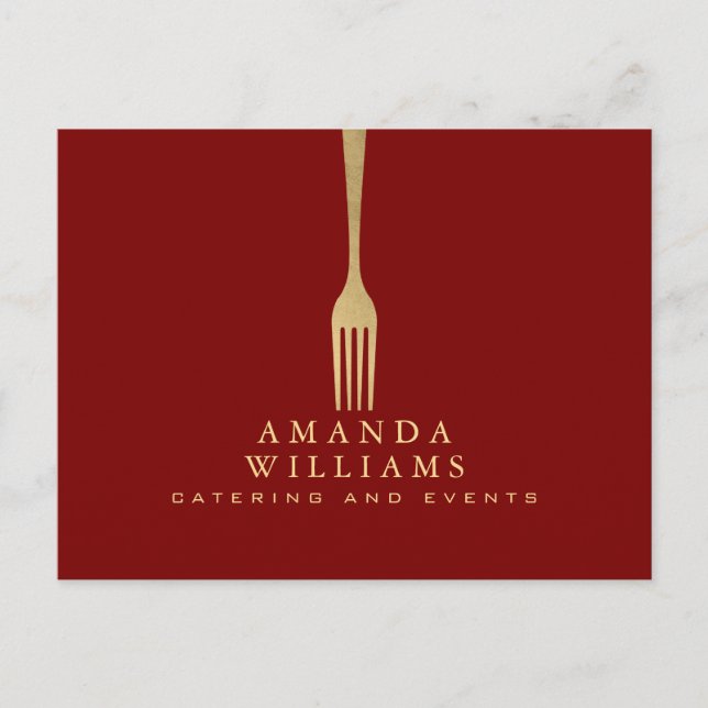 Modern Faux Gold Fork Catering Logo on Red Postcard (Front)