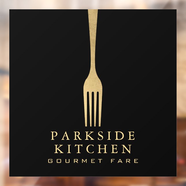 Modern Faux Gold Fork Restaurant Logo on Black Window Cling (Sheet 2)