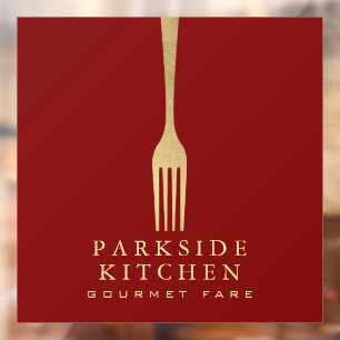 Modern Faux Gold Fork Restaurant Logo on Red Window Cling