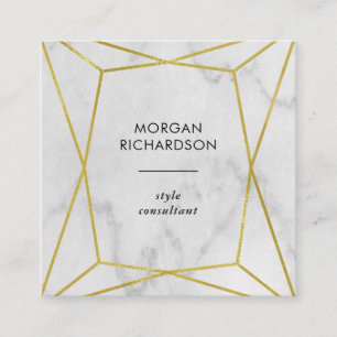 Modern Faux Gold Geometric on a White Marble Look Square Business Card