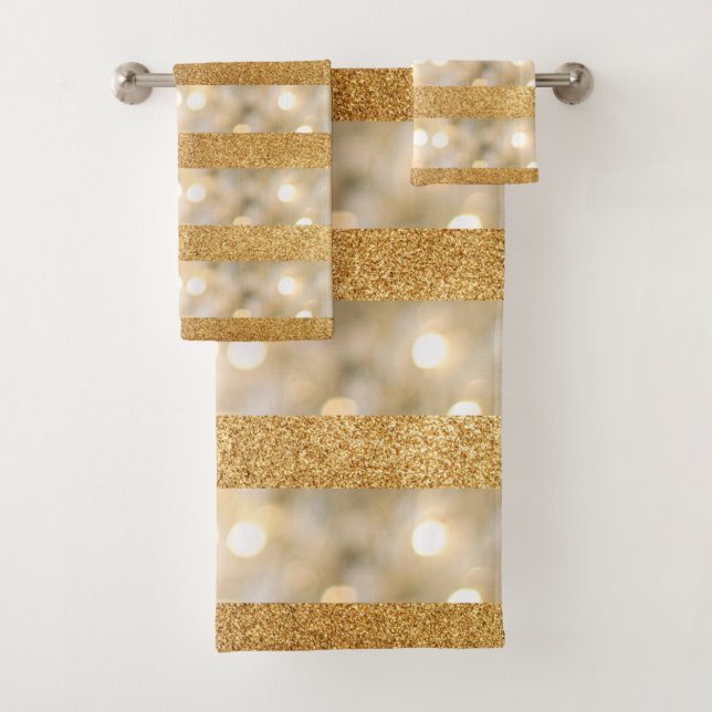 Modern Faux Gold Glitter And White Lights stripes Bath Towel Set (Insitu)