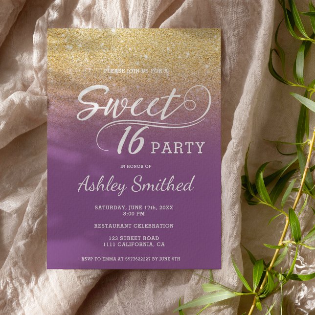Modern faux gold glitter ombre purple Sweet 16 Invitation (Creator Uploaded)