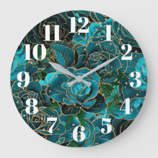 Modern Faux Gold Glitter Teal Roses Glam Large Clock