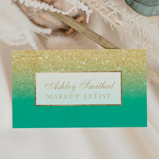 Modern faux gold glitter turquoise ombre makeup business card (Creator Uploaded)