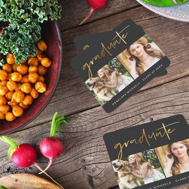 Modern Faux Gold Graduate Script Photo Grid Black Square Paper Coaster (Creator Uploaded)