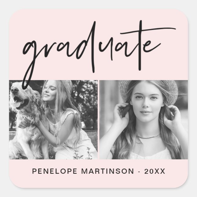 Modern Faux Gold Graduate Script Photo Grid Blush Square Sticker (Front)
