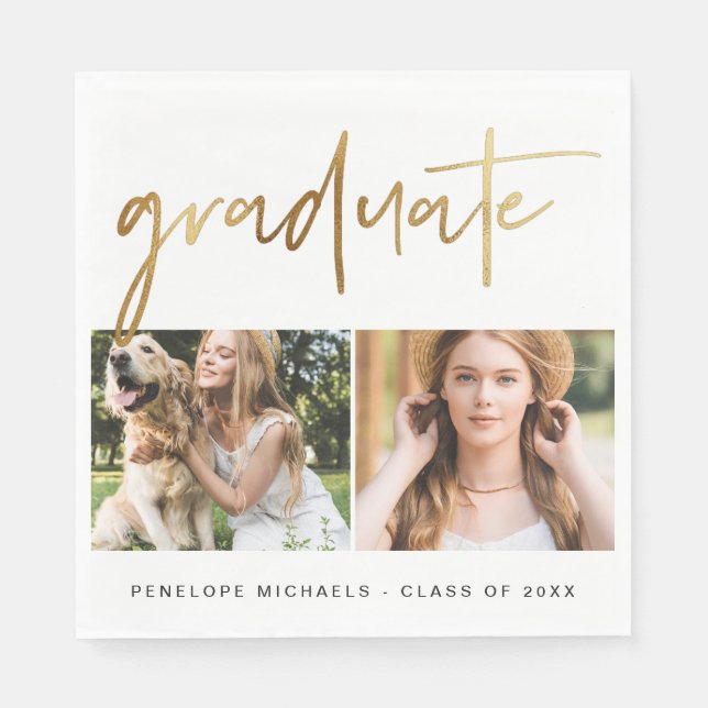 Modern Faux Gold Graduate Script Photo Grid White Napkin (Front)