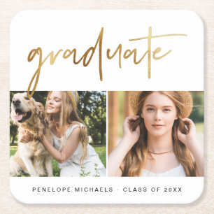 Modern Faux Gold Graduate Script Photo Grid White Square Paper Coaster