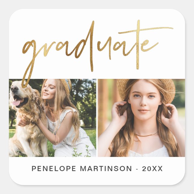 Modern Faux Gold Graduate Script Photo Grid White Square Sticker (Front)