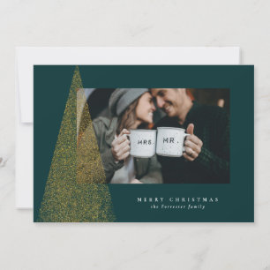 Modern faux gold green Christmas tree one photo Holiday Card